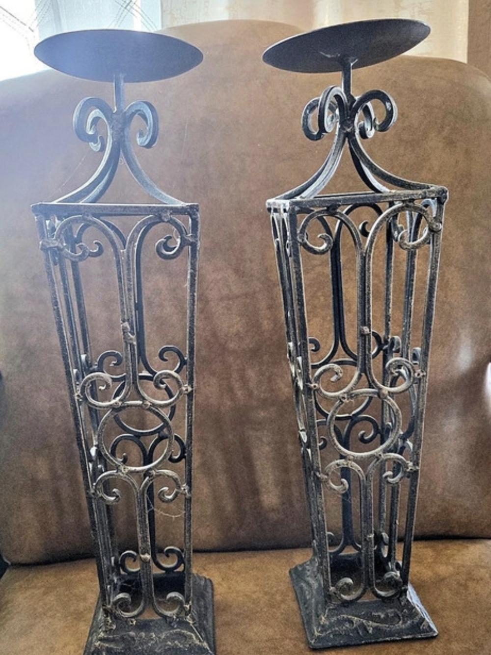 Ornate Bronze Metal Pillar Candle Stands Set of 2